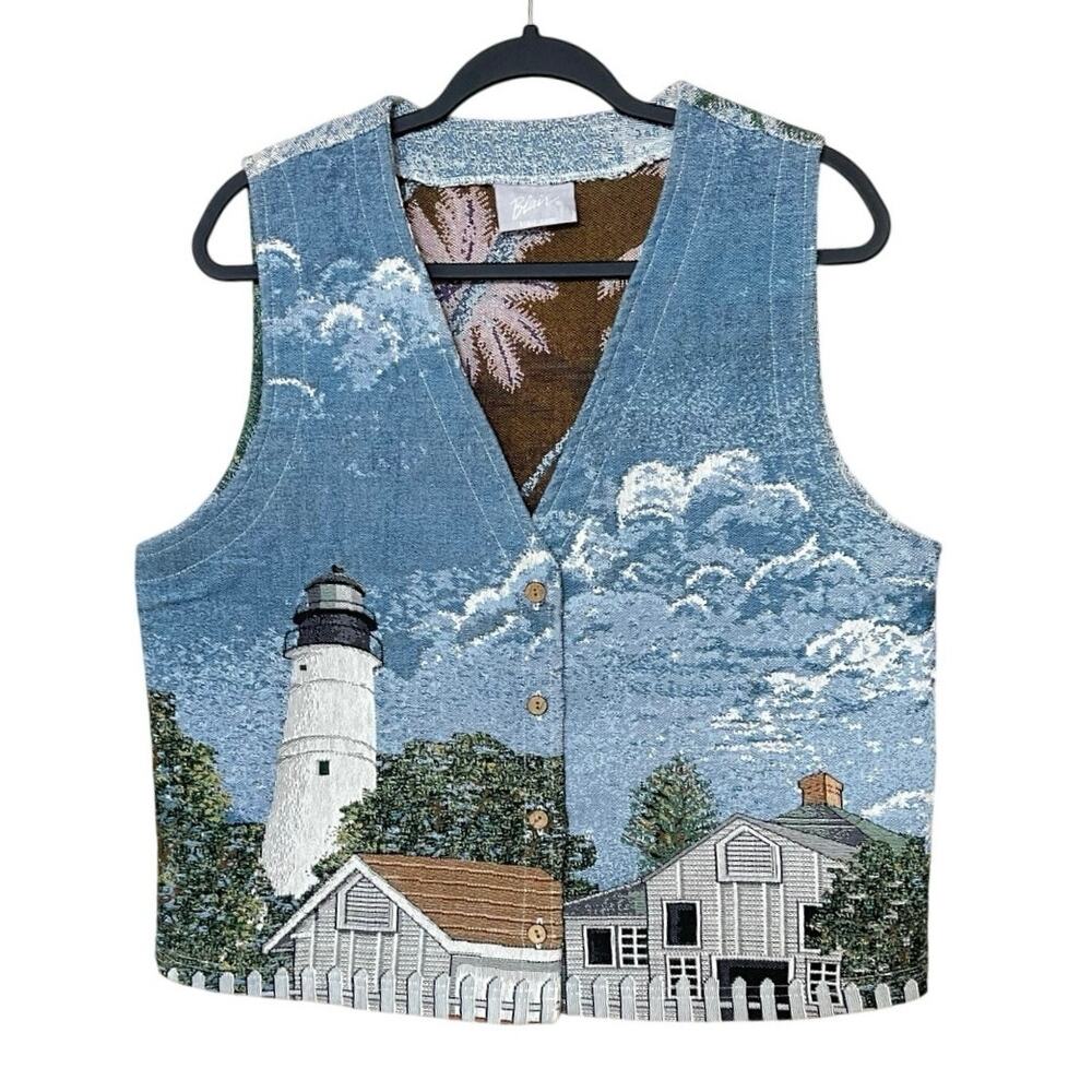 Blair Scenic Lighthouse Print Vest in Blue, White, Brown. Vintage grandmacore - Picture 2 of 12